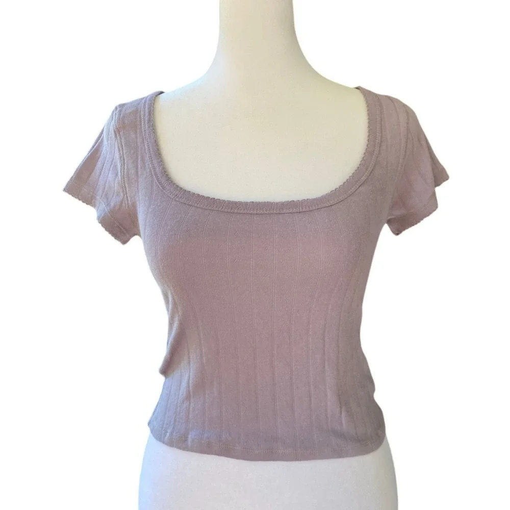 Free People Pointelle Purple Ribbed Crop Top Baby‎ Tee XS Boho Romantic Ballet